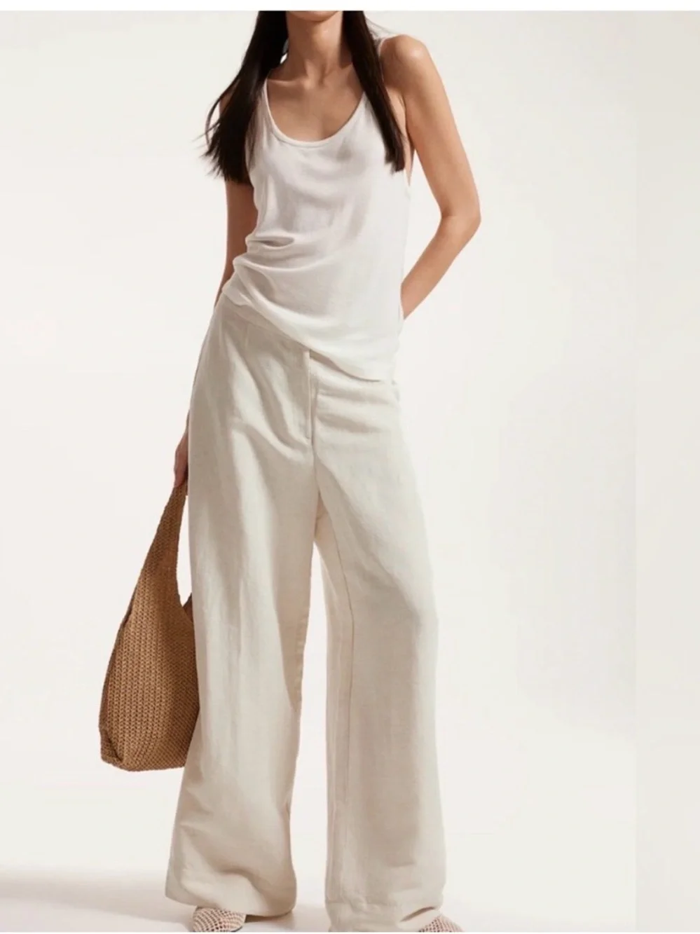 Indero Cream Wide Leg Pleated Trousers - High Rise Linen Blend - Size L - Picture 1 of 6